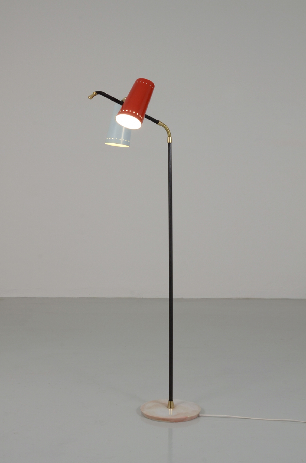 Stilux, rare and refined floor lamp with two adjustable shades, 1950's