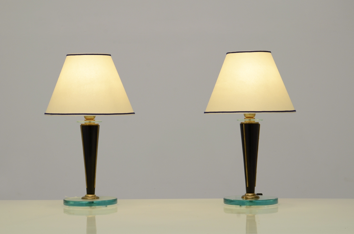 Pair of table lamps with brass and Crystal glass details, France 1940's.