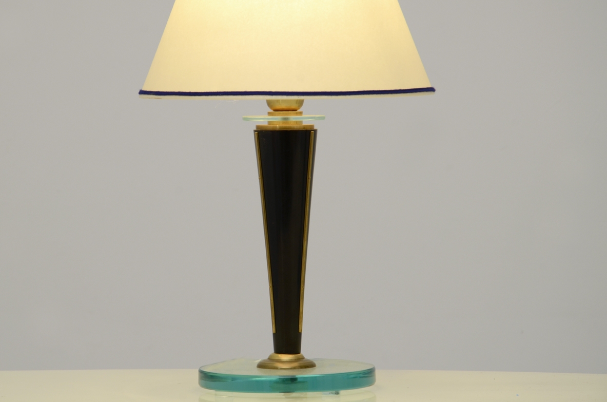 Pair of table lamps with brass and Crystal glass details, France 1940's.
