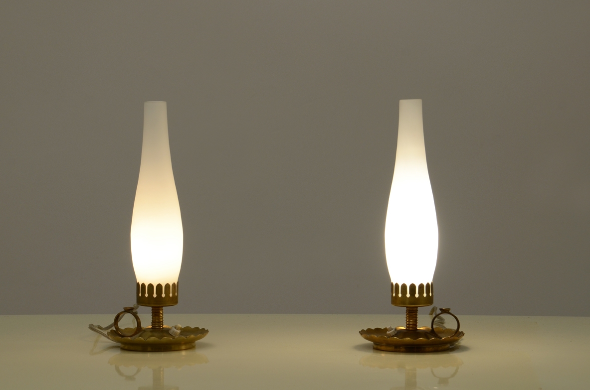 Pair of brass and opaline glass table lamps, Italy, 1940's.