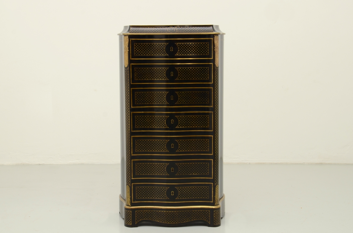French Napoleon III Secretaire cabinet with beautiful brass inlays with stars, three drawers and a writing shelve with small drawers in ebony wood inside.
