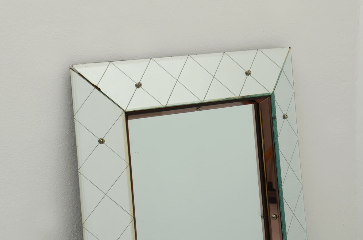 Luigi Fontana (1881-1958)  Elegant glass and beveled mirrored frame with colored glass profiles.  Fontana Arte 1940's manufacture.