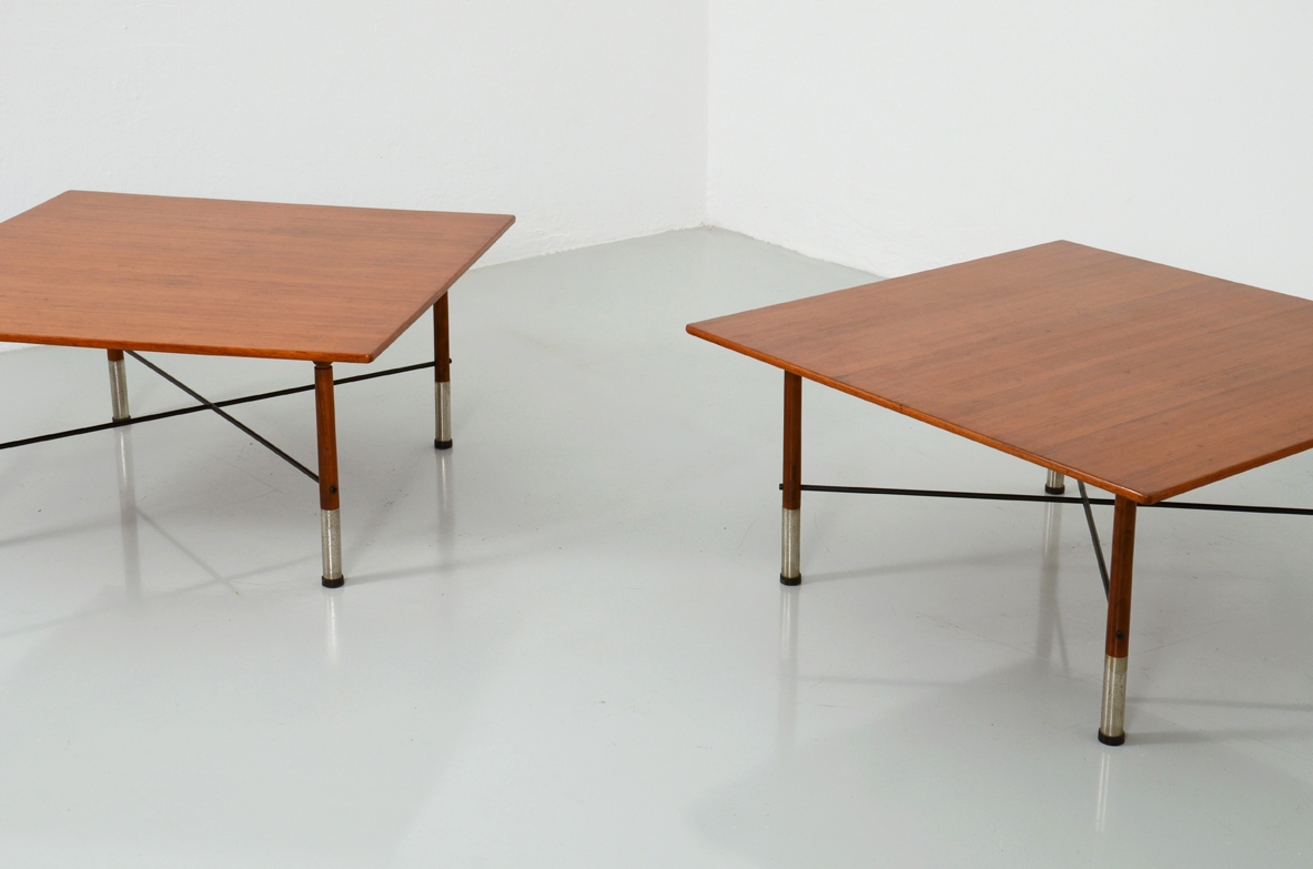 Claudio Salocchi, pair of square 1960's coffee tables in teak wood, prod. Rossi d'Albizzate.