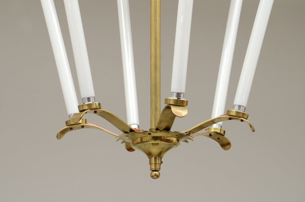 Grande lampadario in ottone a sei luci, Italia, 1950ca.