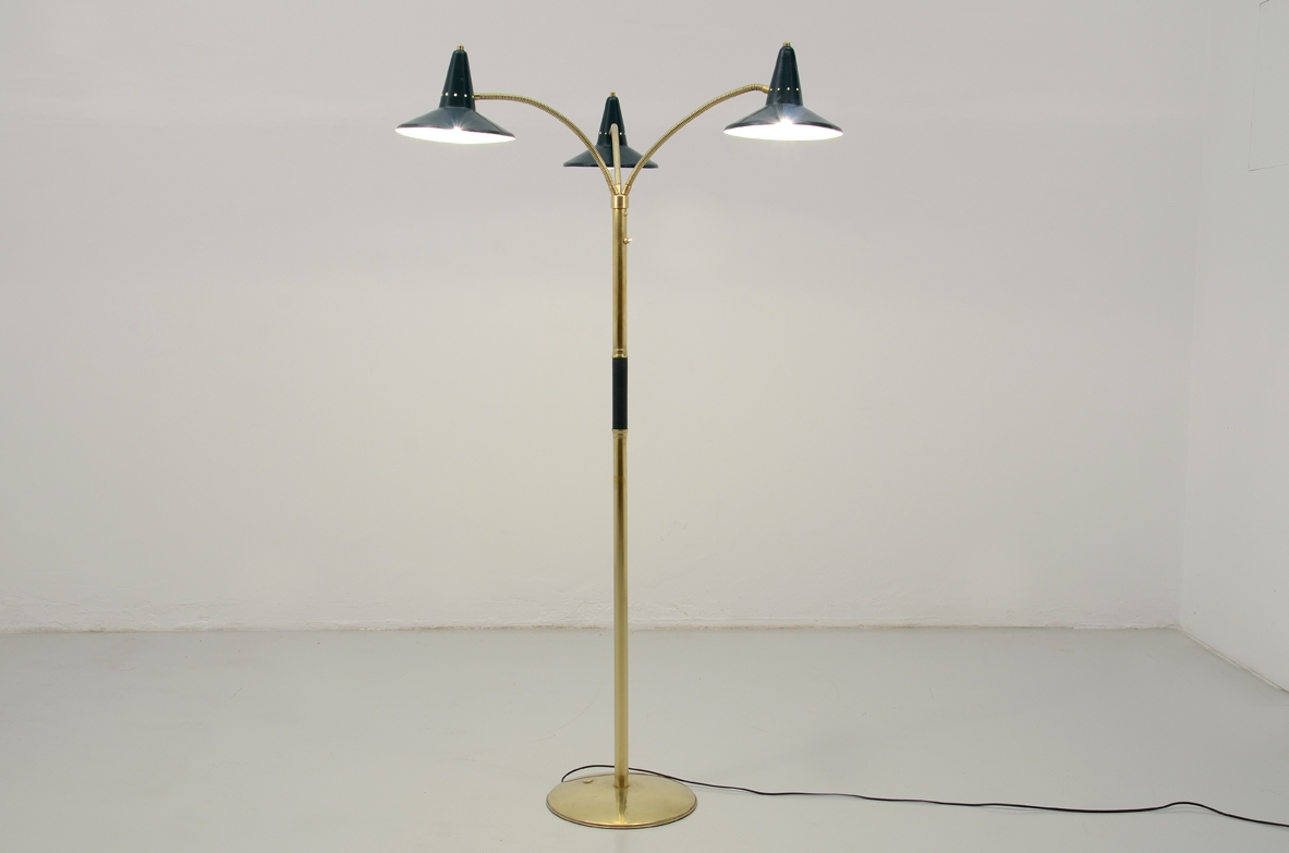 Stilnovo 1950's floor lamp with colored shades and brass structure