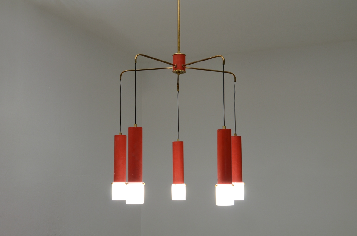 Oscar Torlasco, lampadario a sei luci in ottone e metallo laccato, 1950ca.