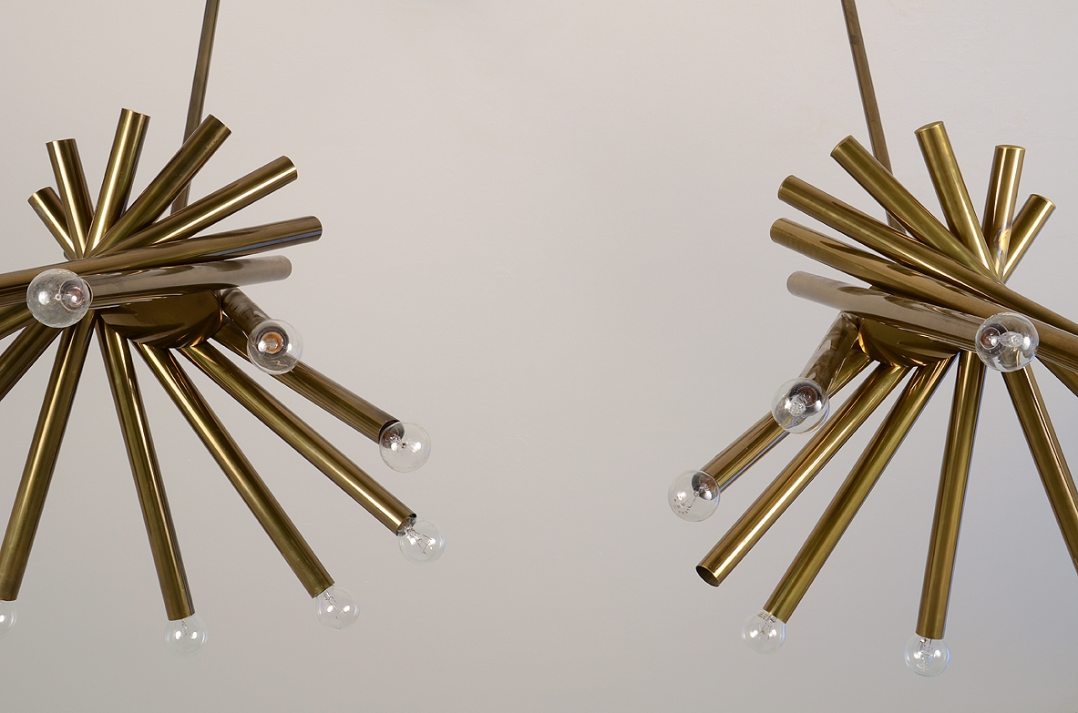 Stilnovo, rare pair of 1960's ceiling lamps with ten lights each.