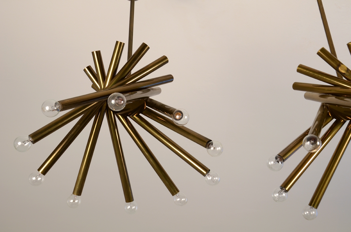 Stilnovo, rare pair of 1960's ceiling lamps with ten lights each.