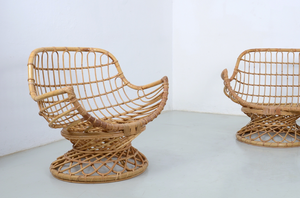 Pair of armchairs and sofa in rattan in perfect conditions, Italy 1960's.