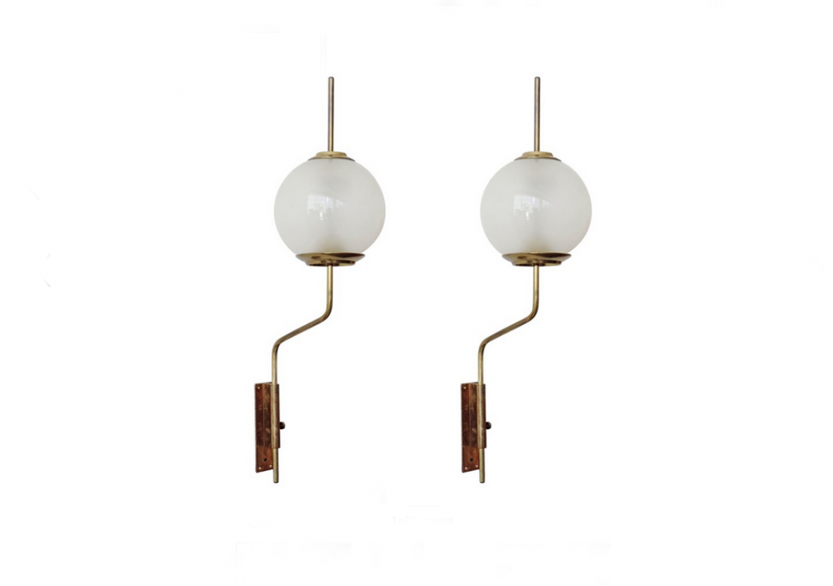 Luigi Caccia Dominioni, pair of LP11 wall lights in brass and satin glass, Azucena Italia, 1958.