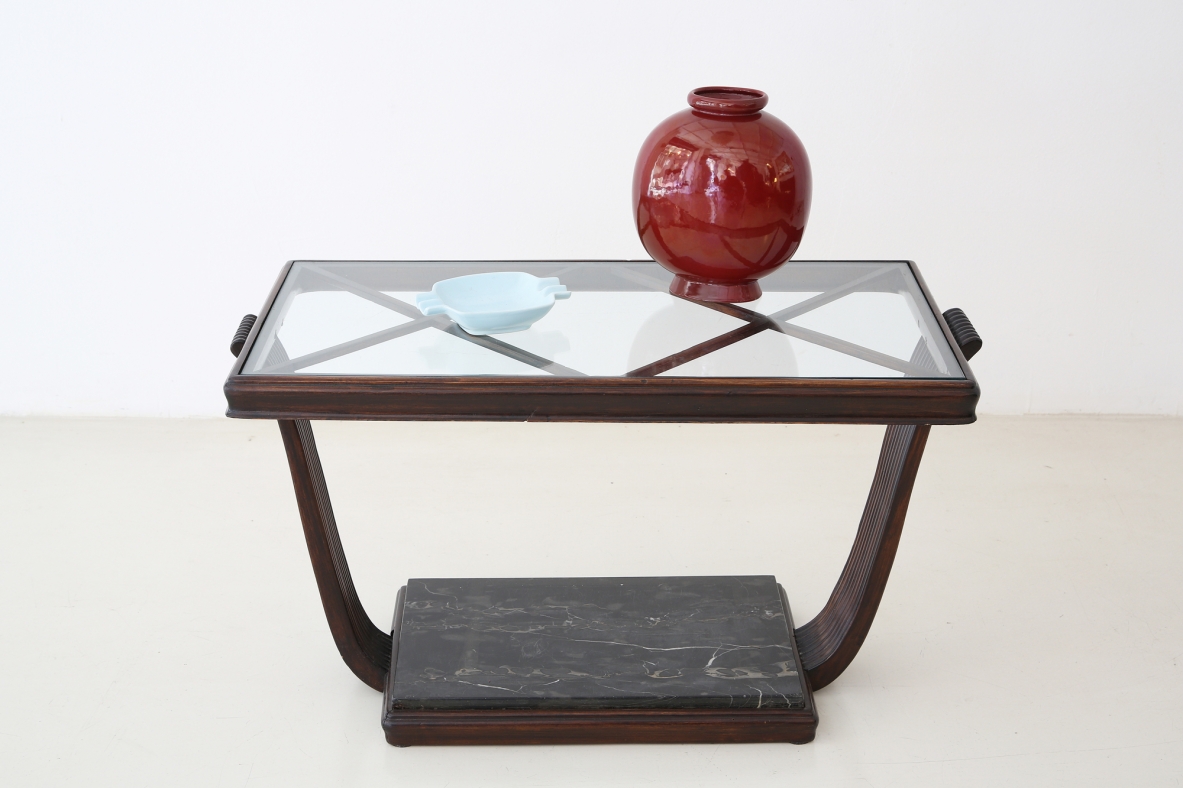 Coffee table in dark polished wood with marble base and a nice decorated top, attr.Atelier Borsani, 1940's.