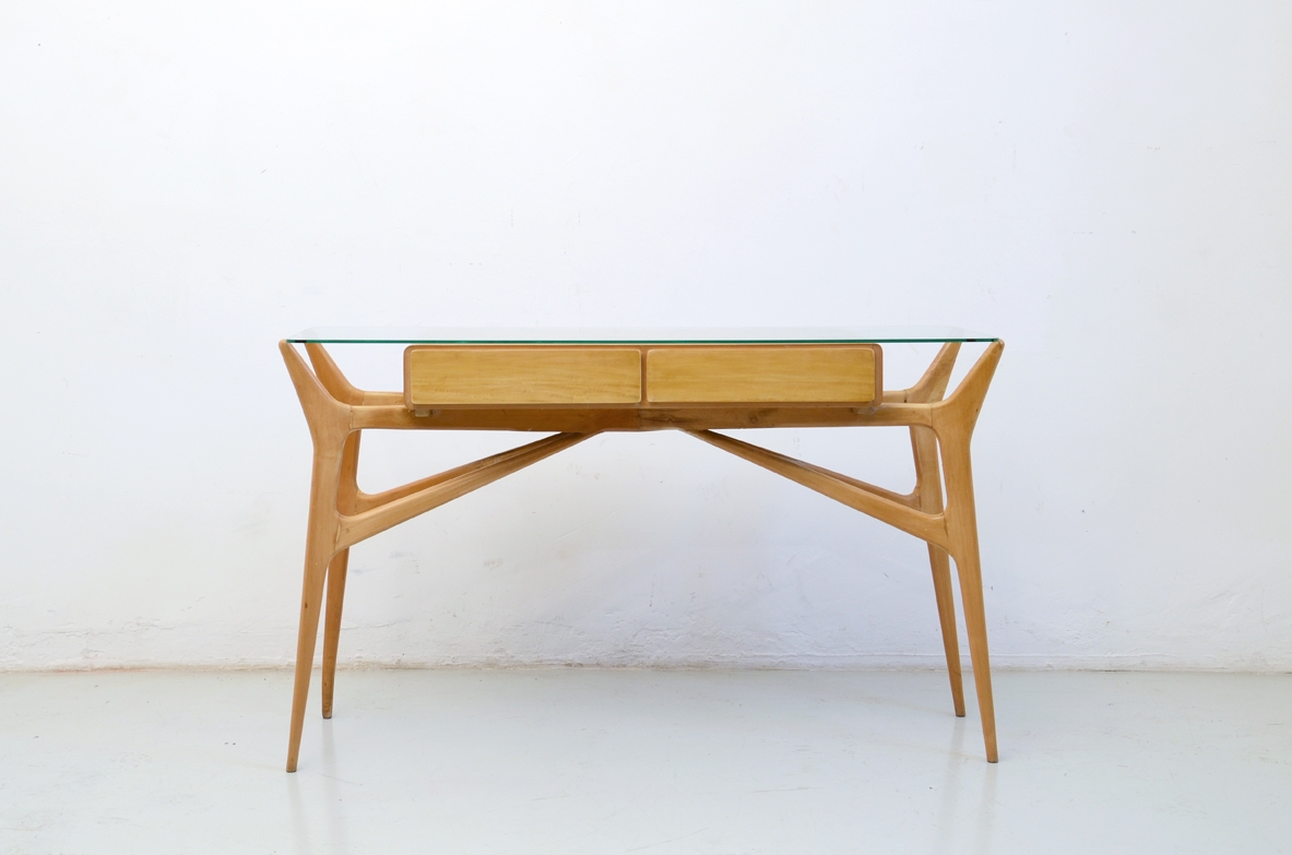 Vito Latis, console in acero biondo con due cassetti e piano in cristallo, 1950ca.