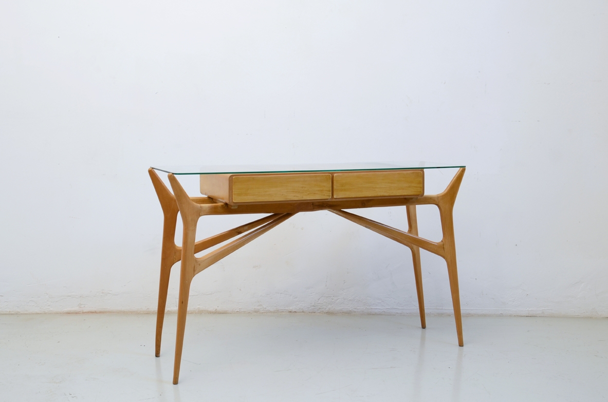 Console in acero biondo con due cassetti e piano in cristallo nello stile di Ico Parisi, 1950ca.