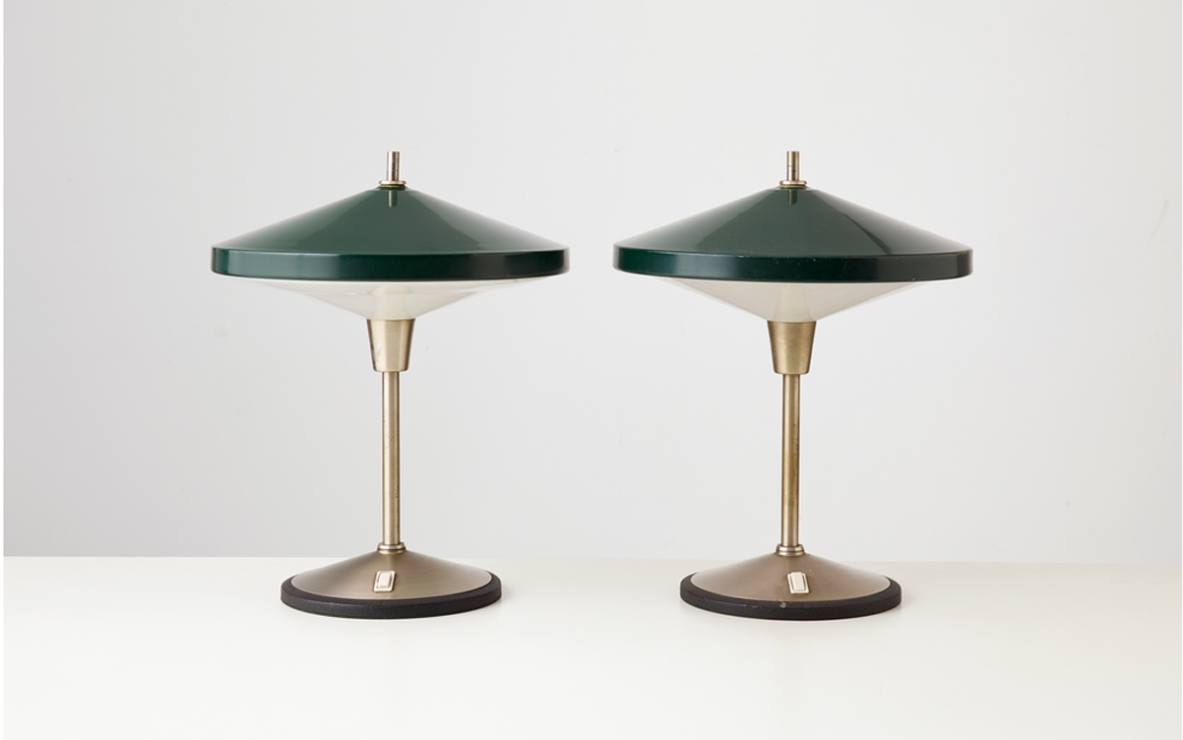 Pair of 1960's table lamps in polished and painted metal. Prod.Stilnovo, Milano.