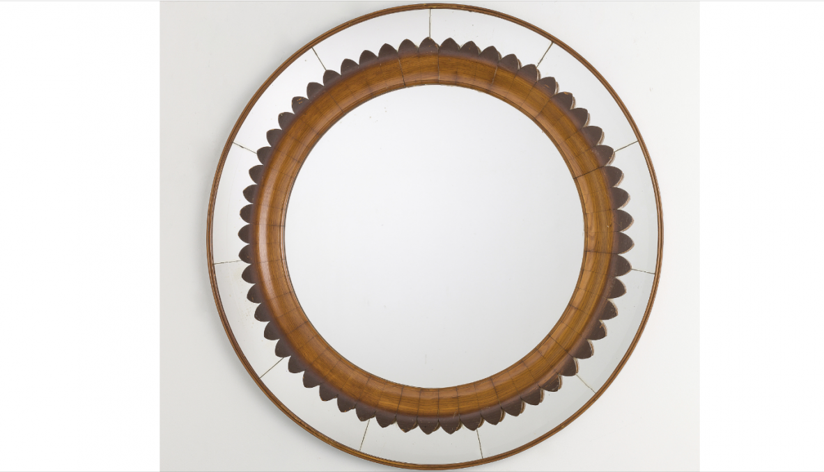 Pierluigi Colli, rare sculptural mirror framed with oak and mirrored crystal glass, Italy 1940's.