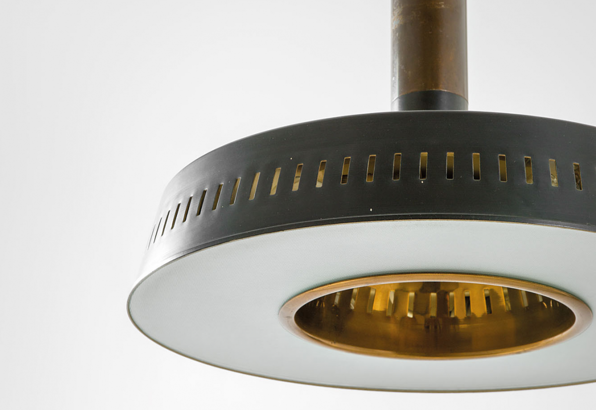 Stilnovo, rare 1960's ceiling lamp in brass, polished metal and opaline glass.