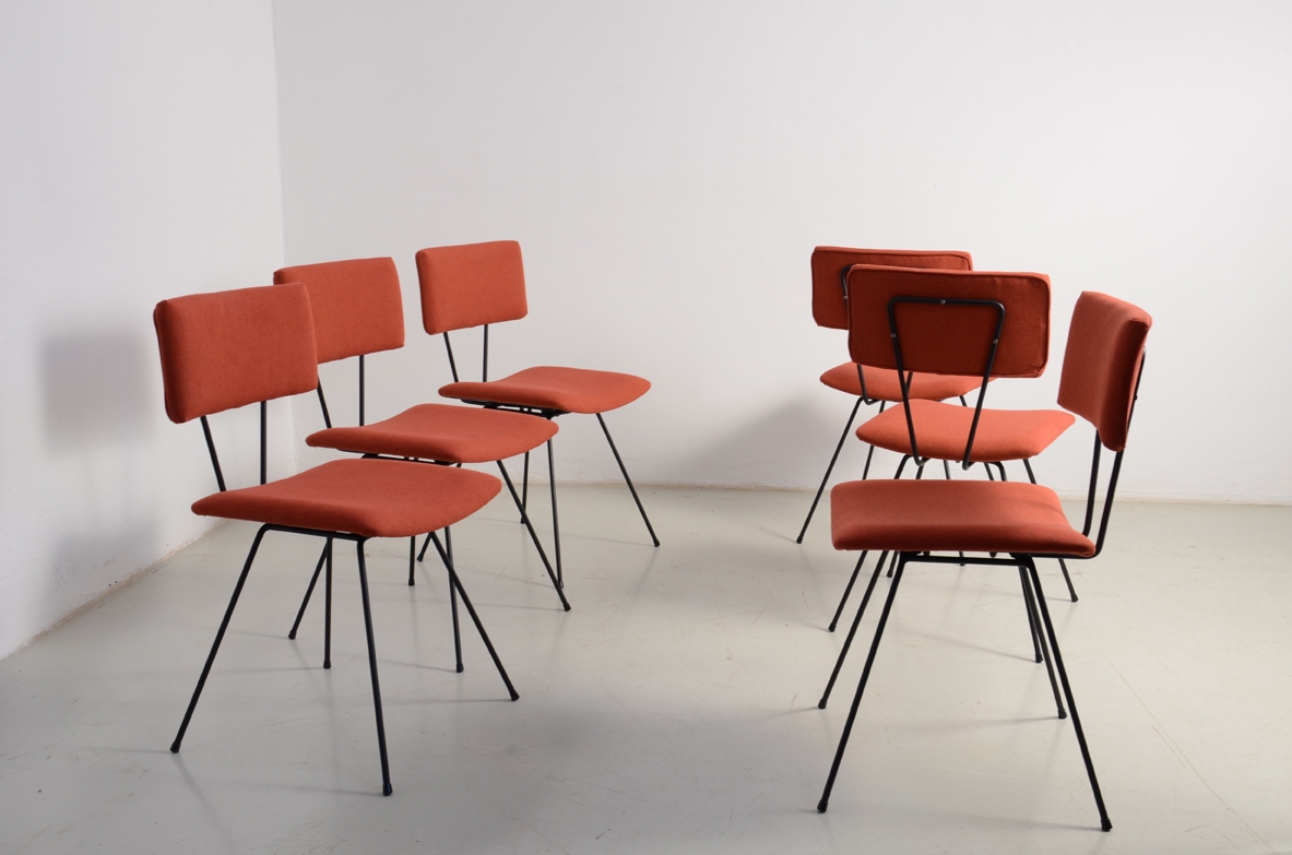 Augusto Bozzi, set of six chairs in metal work with upholstered seat and back.  Prod. Saporiti, 1950's. Tag of the producer.