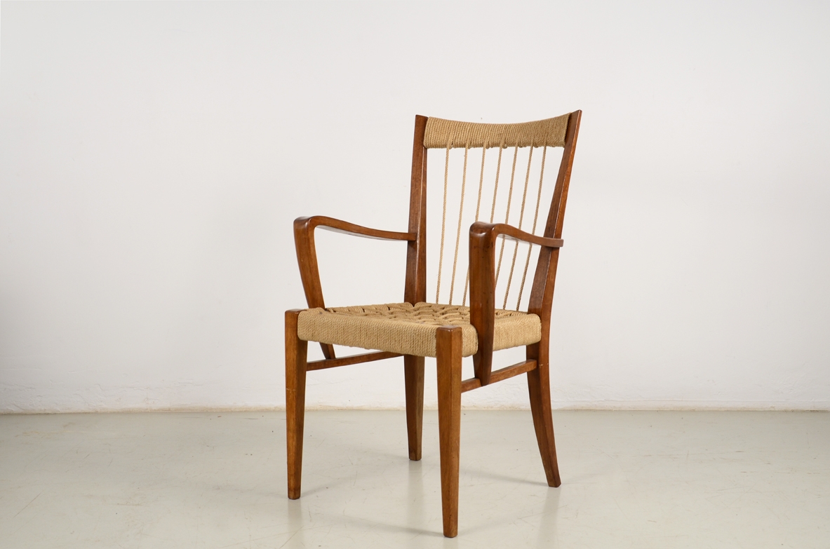 Guglielmo Pecorini, rare 1950's armchair in wood and rope.