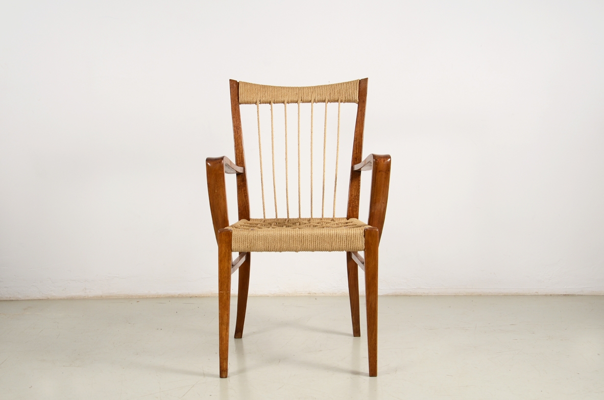 Guglielmo Pecorini, rare 1950's armchair in wood and rope.
