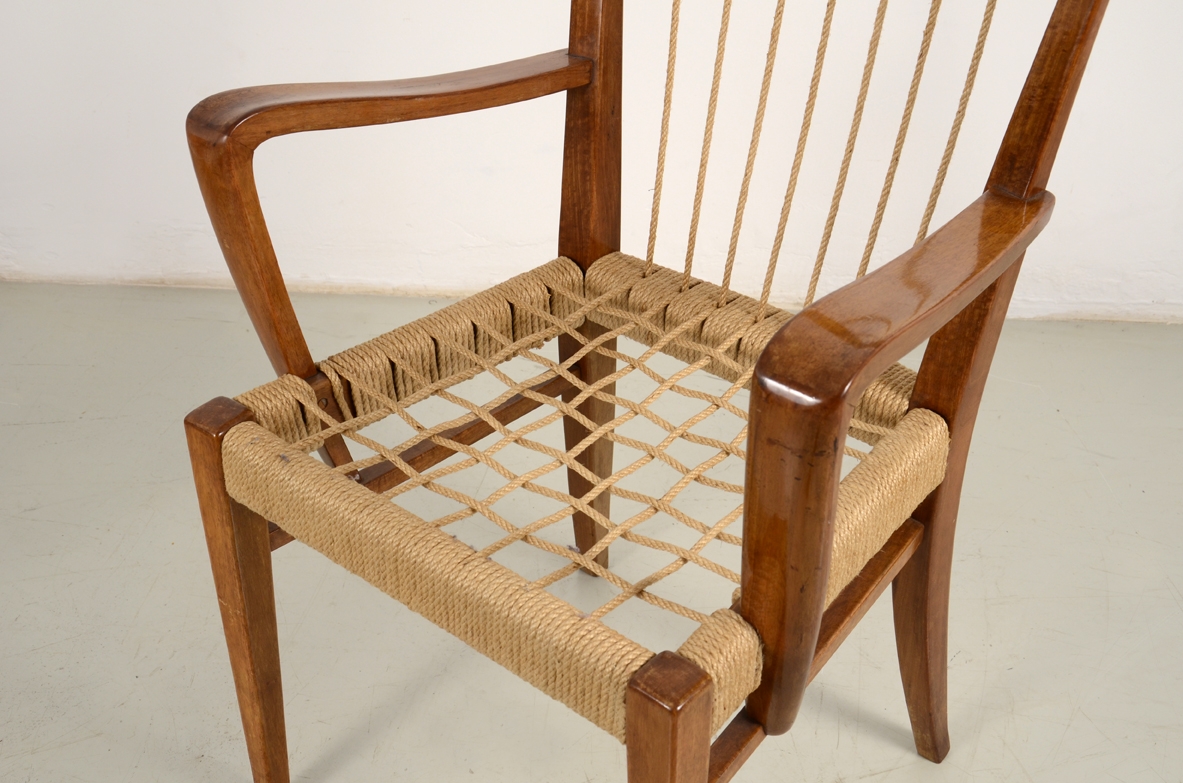 Guglielmo Pecorini, rare 1950's armchair in wood and rope.
