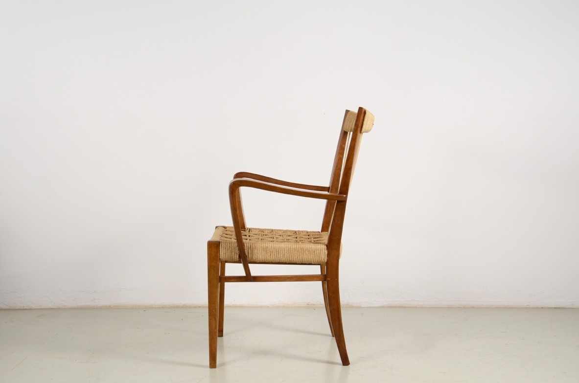 Guglielmo Pecorini, rare 1950's armchair in wood and rope.
