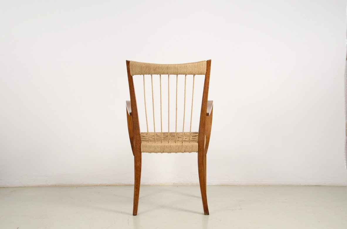 Guglielmo Pecorini, rare 1950's armchair in wood and rope.