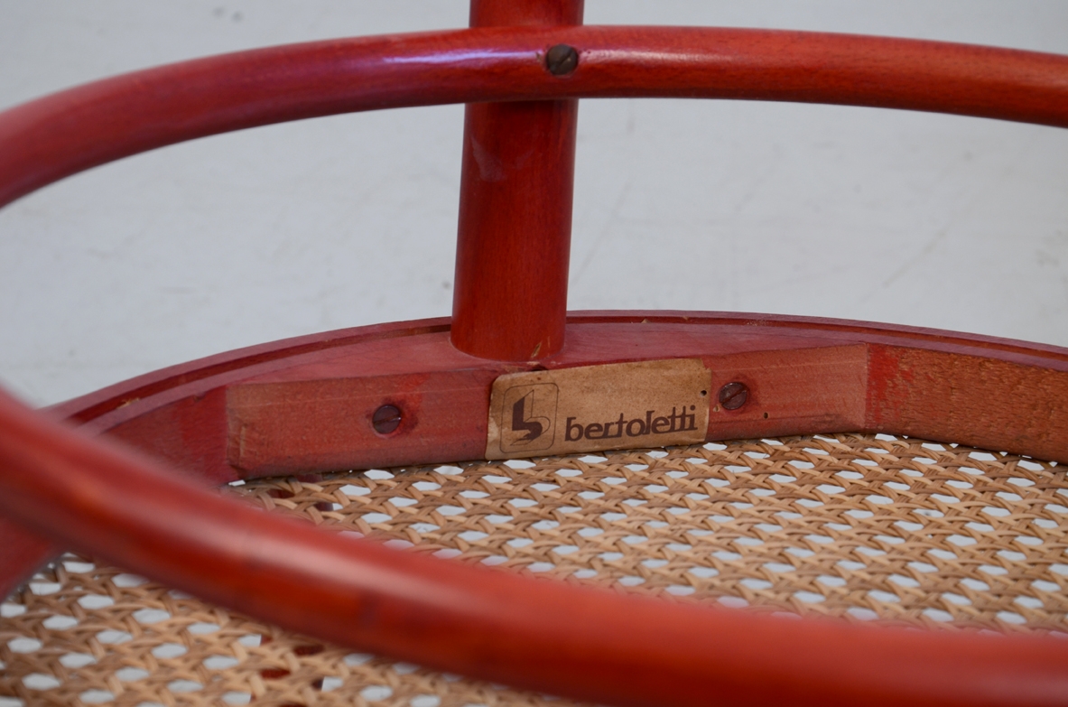 Pair of 1970's armchairs in bent red lacquered wood with Vienna straw hand made seat, prod.Bertoletti Torino.