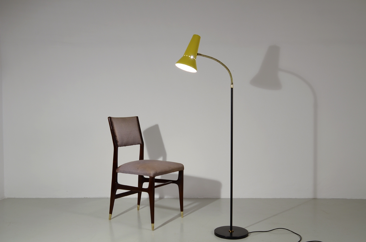 Stilux, Italian 1950's floor lamp in brass and polished metal with original yellow shade.