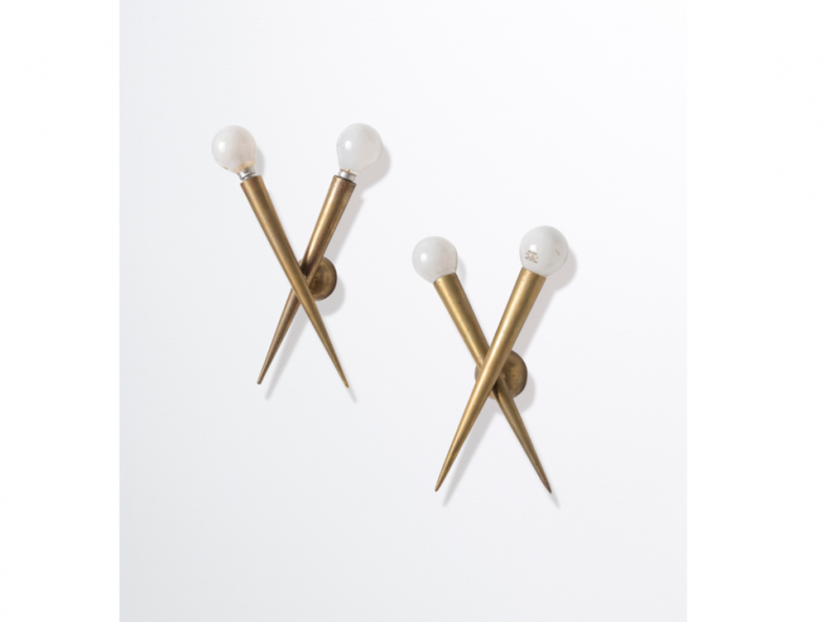 Pair of Italian 1950's wall lights in brass.