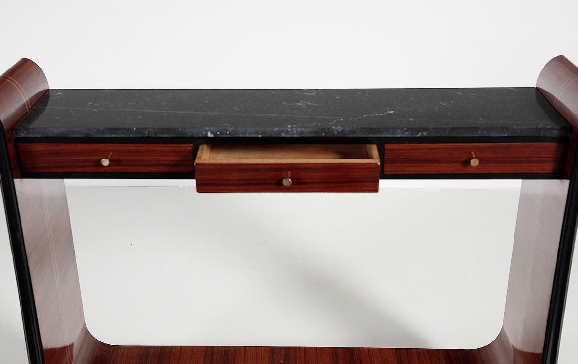 Vittorio Dassi, console in palissandro e filo di bosso con fronte a tre cassetti e piano in marmo, 1940ca.