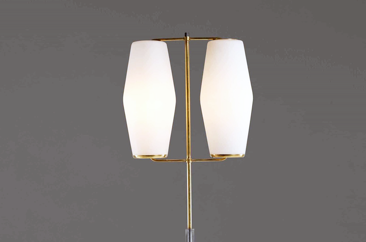 Stilnovo, 1950's floor lamp with brass and lacquered metal structure, marble base and opal glass diffusers. 