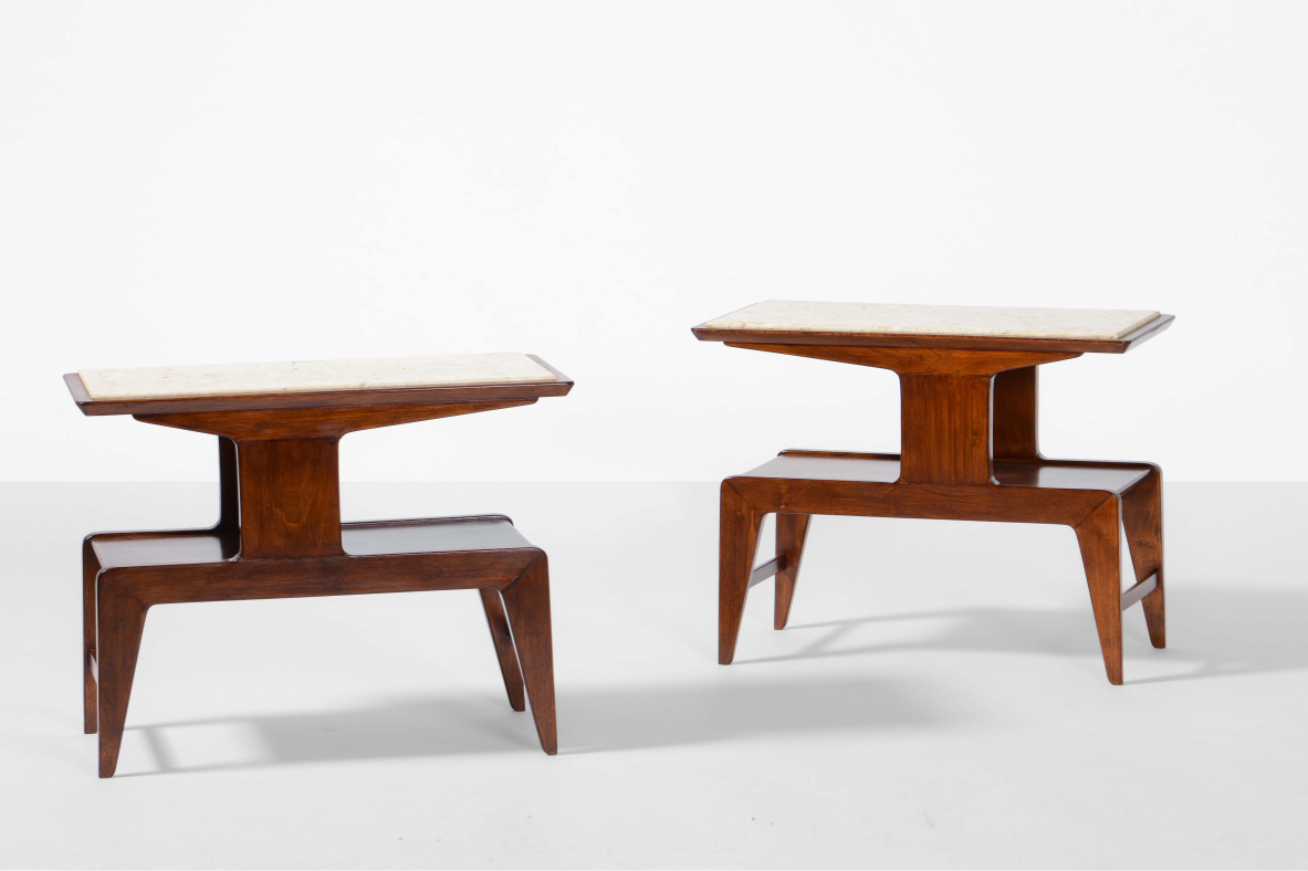 Pair of 1940's bedside tables with double shelf, wooden structure and clear marble top.