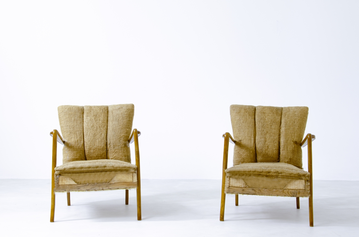 Coppia di poltroncine con imbottitura originale in fibre vegetali. Prod. Cassina, 1950ca.