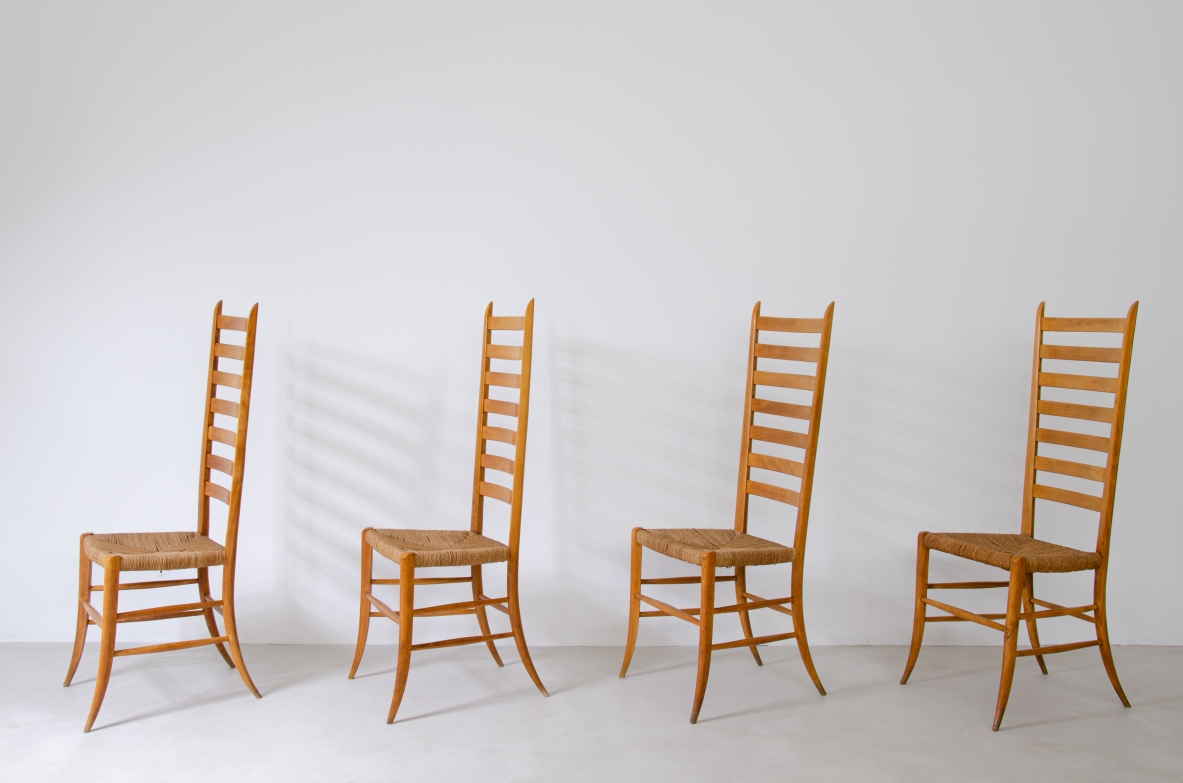 Paolo Buffa, set of four stunning 1940's high back chairs in light wood with original straw seat in very good condition.