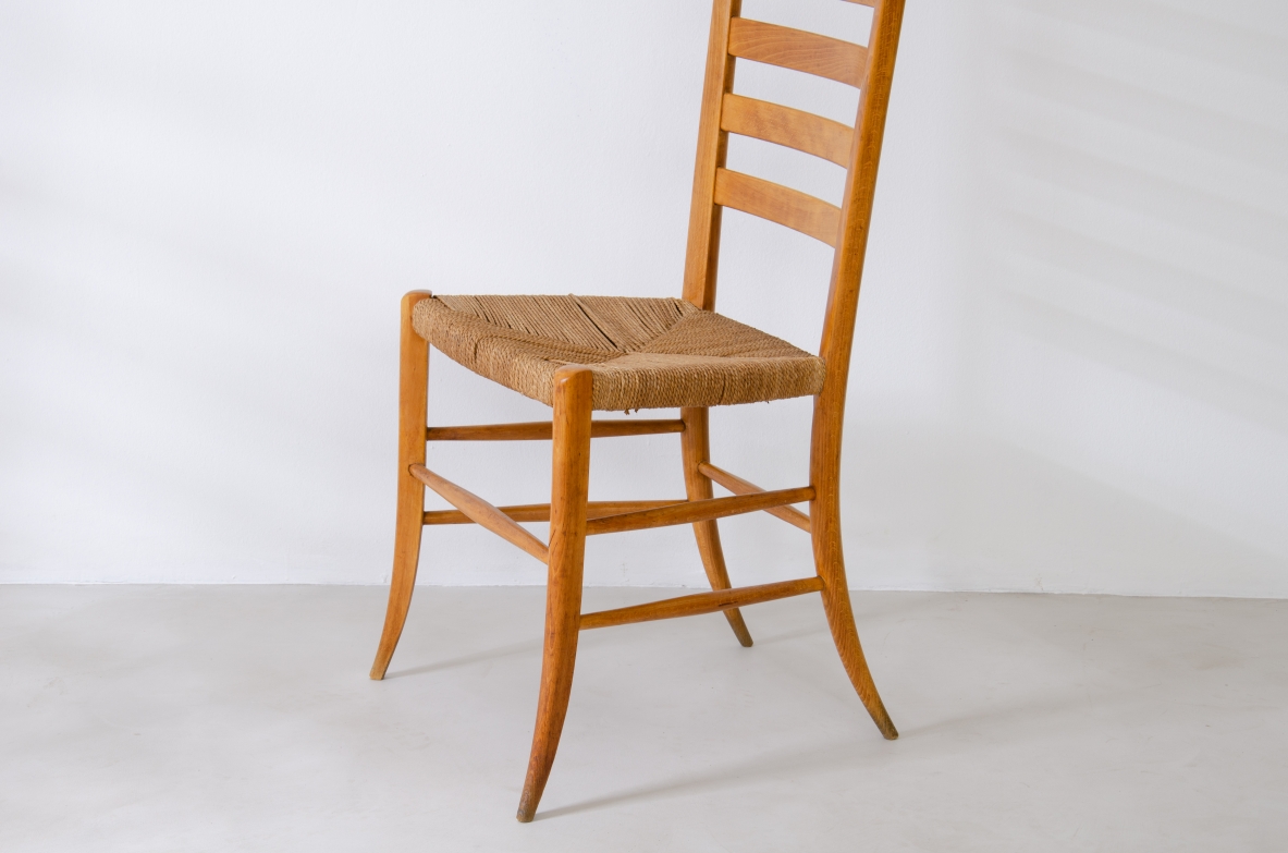 Paolo Buffa, set of four stunning 1940's high back chairs in light wood with original straw seat in very good condition.