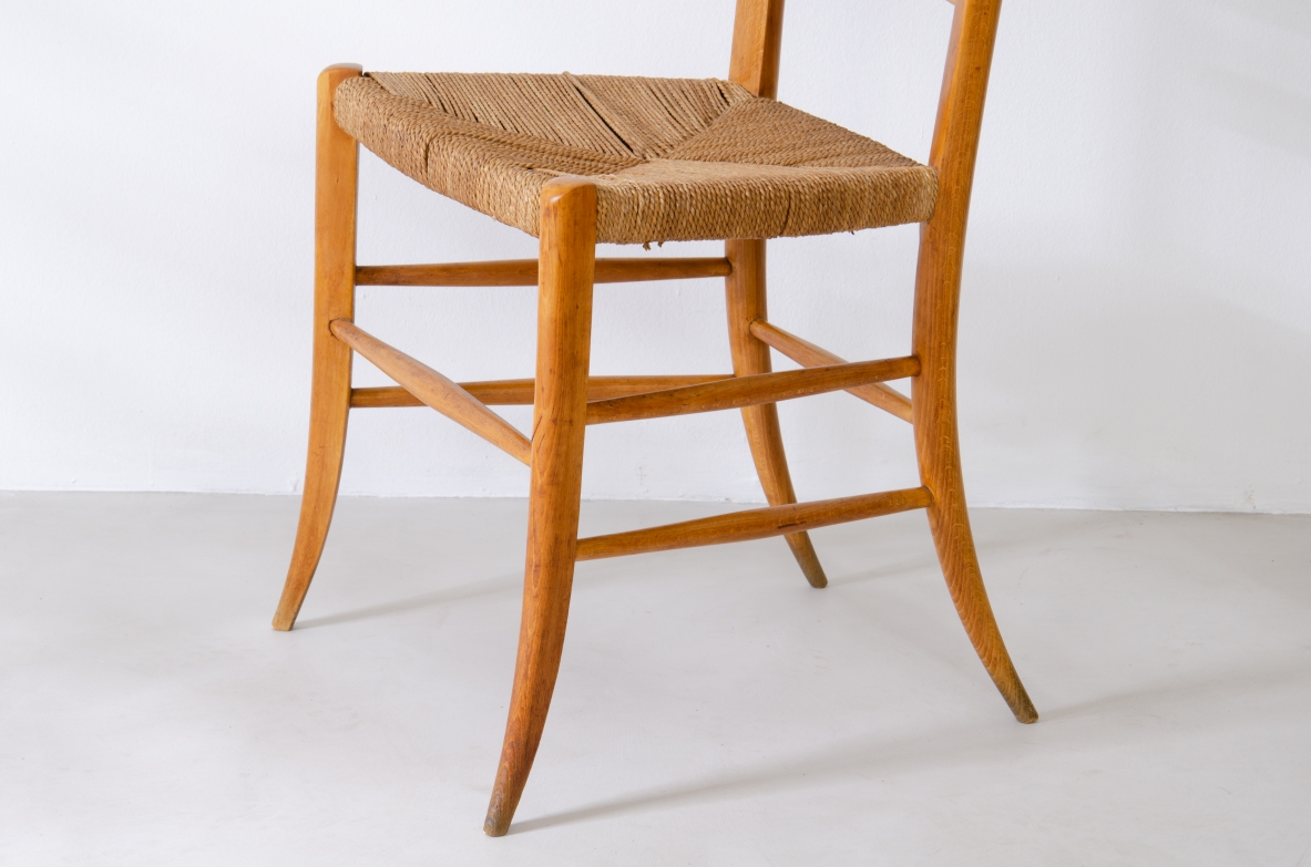 Paolo Buffa, set of four stunning 1940's high back chairs in light wood with original straw seat in very good condition.