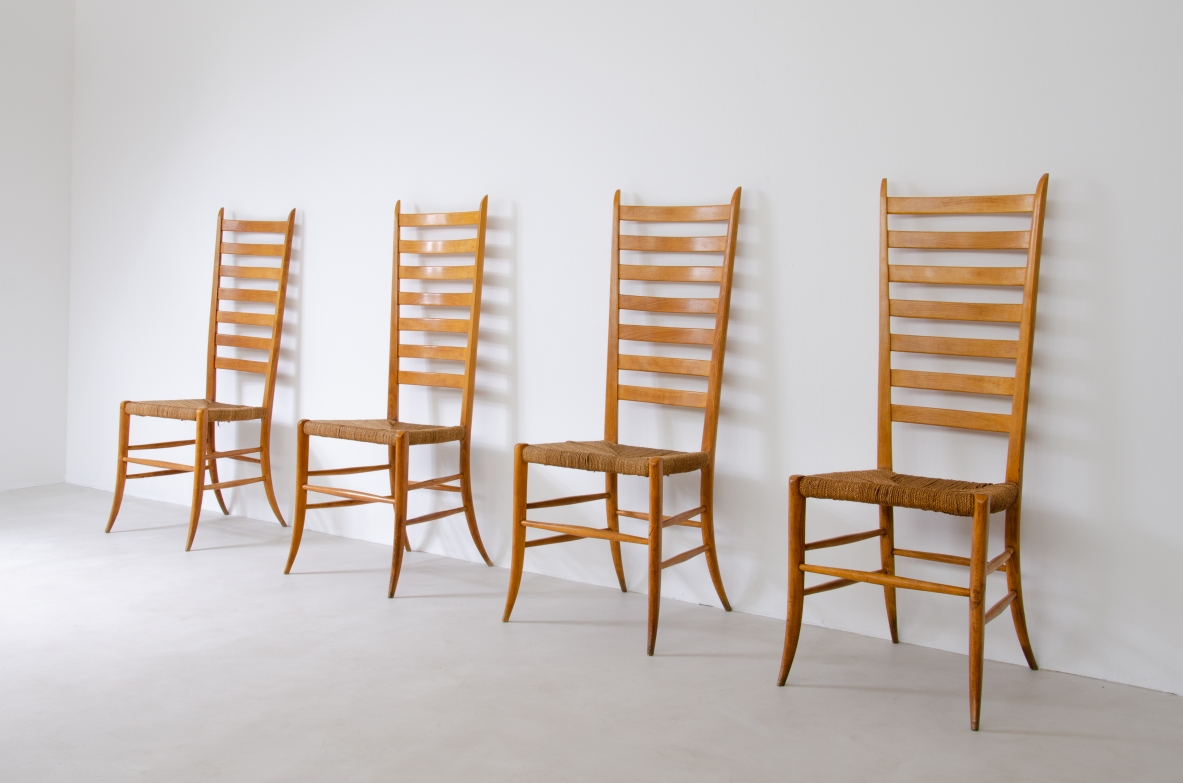 Paolo Buffa, set of four stunning 1940's high back chairs in light wood with original straw seat in very good condition.