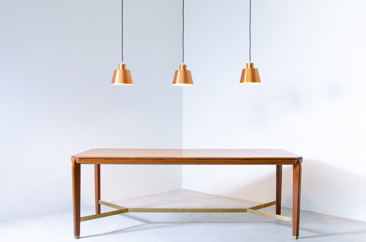 Set di 3 lampade a sospensione in rame spazzolato e alluminio laccato, 1950ca. 
