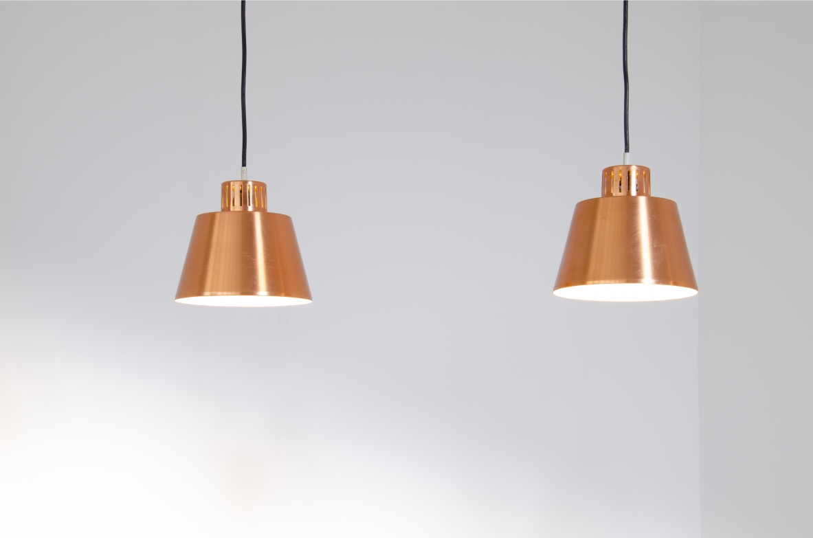 Set di 3 lampade a sospensione in rame spazzolato e alluminio laccato, 1950ca. 