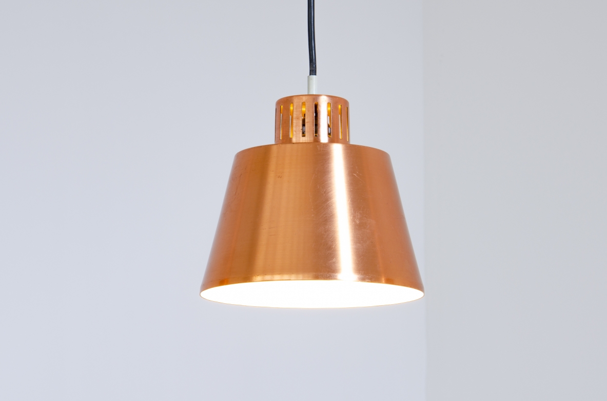 Set di 3 lampade a sospensione in rame spazzolato e alluminio laccato, 1950ca. 