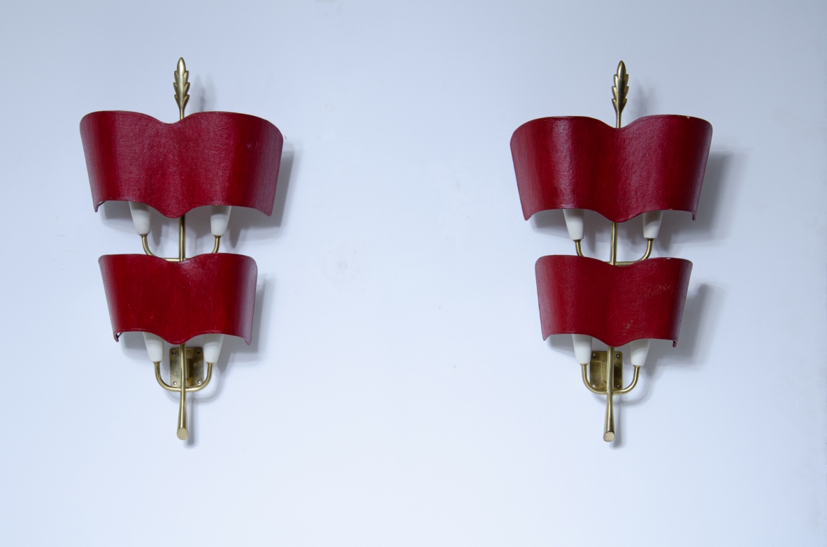 Pair of brass sconces with original shaped lampshades. Milan, 1950s.