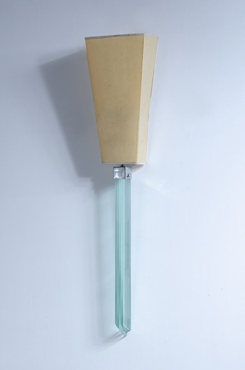 Large thick glass wall lamp with metal structure and parchment lampshade.  Brusotti & C. 1940ca.