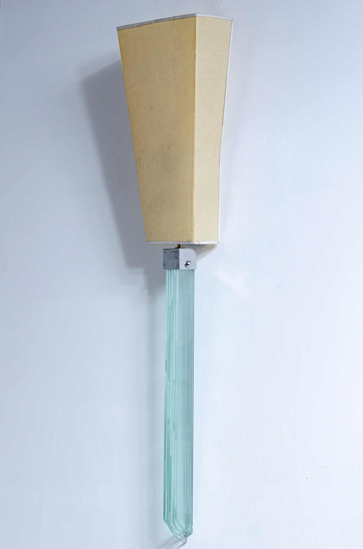 Large thick glass wall lamp with metal structure and parchment lampshade.  Brusotti & C. 1940ca.