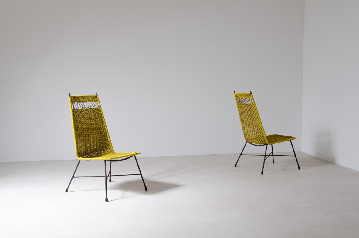Pair of armchairs with iron structure and interweaving in rubber and rush wire.  Prod. Saporiti 1950s.