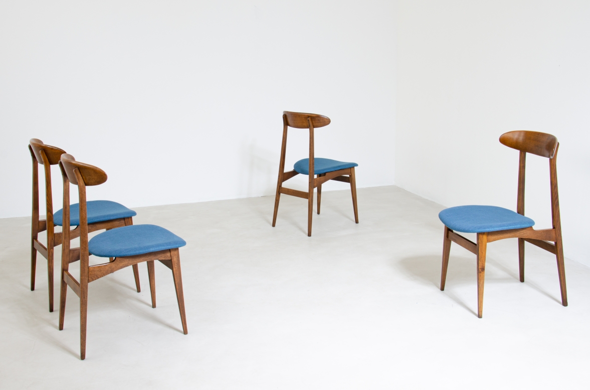 Set of 4 chairs in wood and upholstered fabric.  Italian manufacture 1960s.