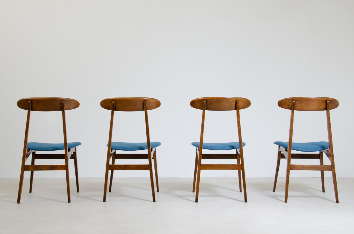 Set of 4 chairs in wood and upholstered fabric.  Italian manufacture 1960s.