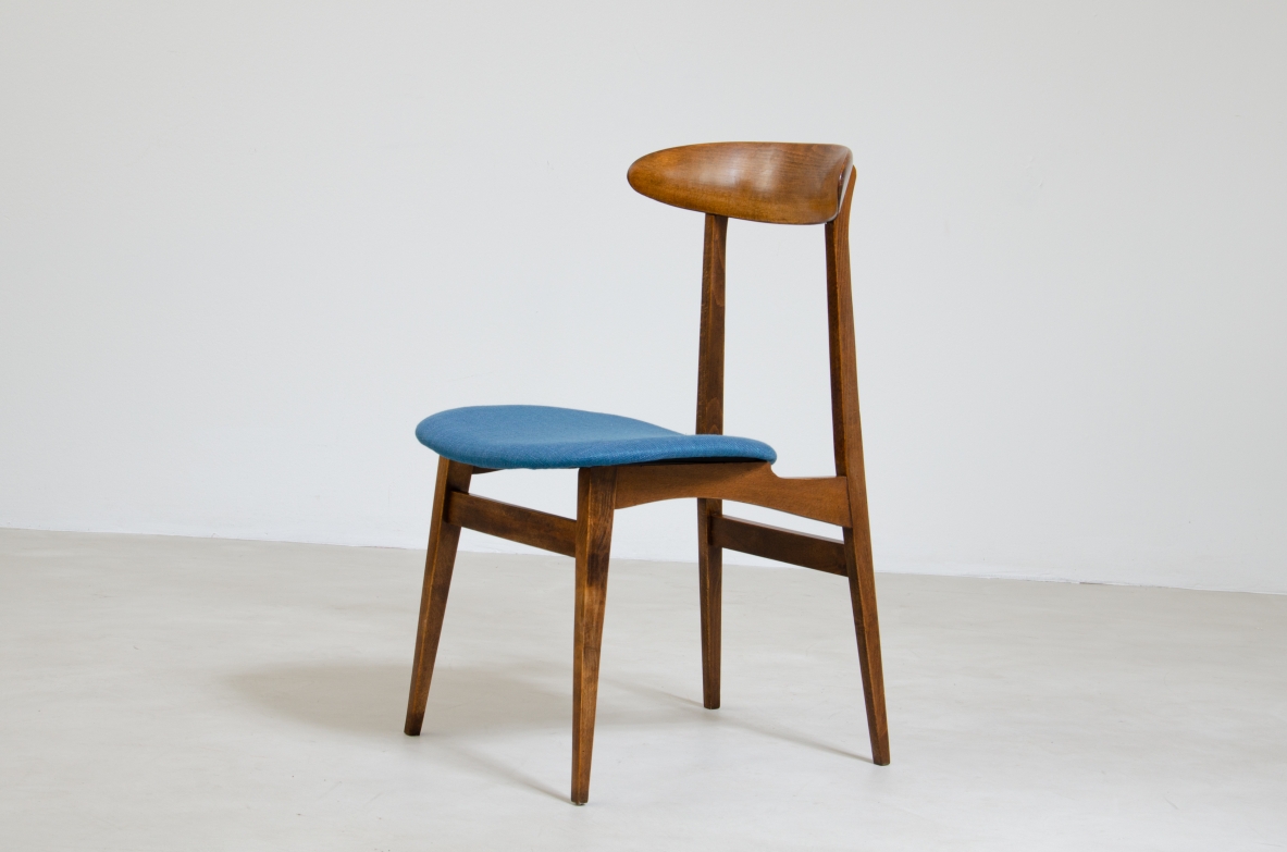 Set of 4 chairs in wood and upholstered fabric.  Italian manufacture 1960s.