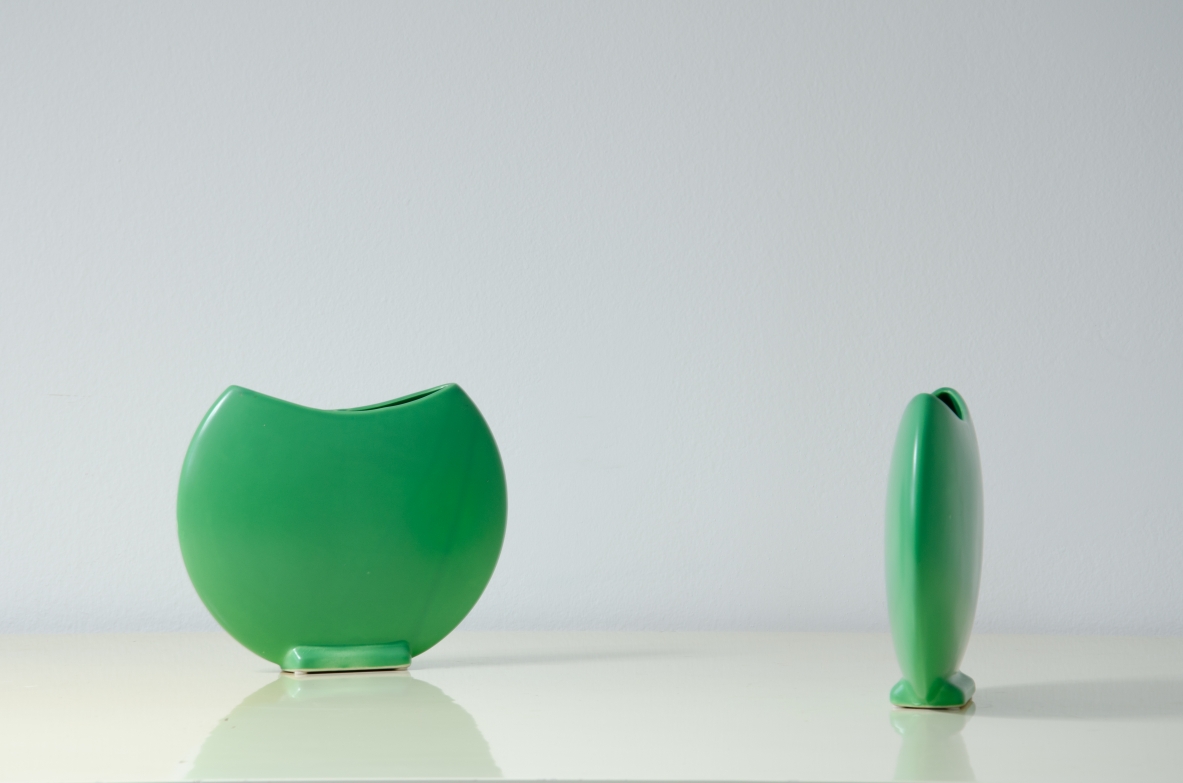 Pair of colored ceramic vases.  France 1960s.