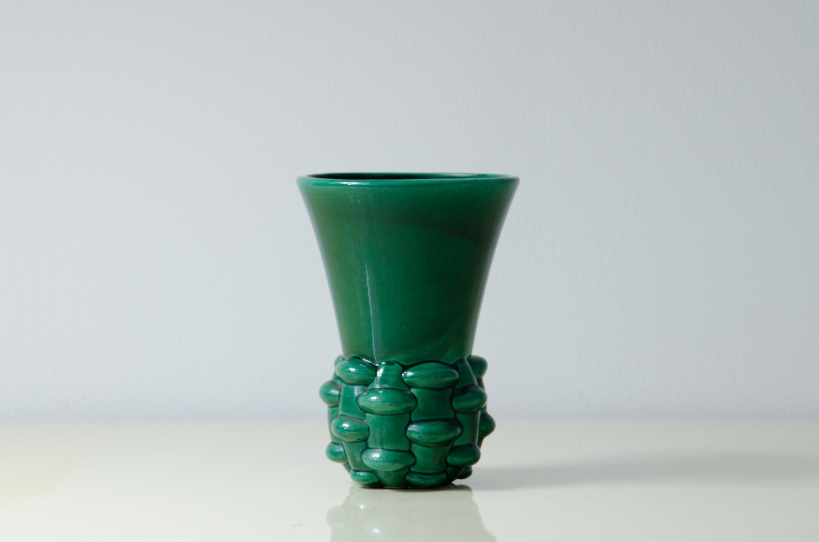 Colored ceramic vase with braided rope motif at the base.  France, 1930s.