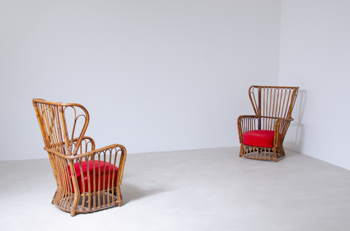 Pair of rattan armchairs with original padded and upholstered seat.  Italian manufacture, 1950s.